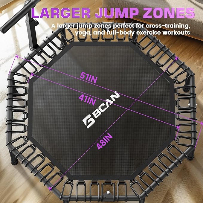 BCAN 51" Octagonal Mini Trampoline, Max Load 450 LBS Fitness Trampoline with T-Adjustable Handle Bar, Silent Bungees, Larger, More Stable, Quieter Exercise Rebounder for Adults Indoor/Garden Workout