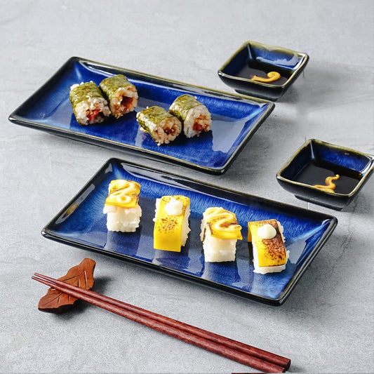 Ceramic Sushi Serving Tray Sets 2, 6 Pieces Japanese Style Porcelain Sushi Plate Set with Soy Sauce Dishes, Bamboo Chopsticks Housewarming Gift, Blue