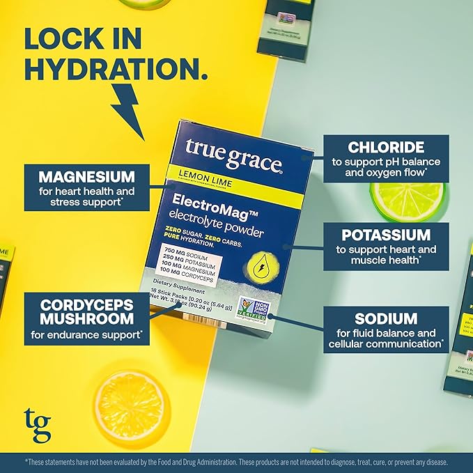 True Grace ElectroMag - 16 Stick Packs (Pack of 2) - Lemon Lime - Electrolyte Powder for Rapid Hydration - Sodium, Potassium, Magnesium & Cordyceps - Zero Sugar & Carbs - Non-GMO - 32 Total Servings