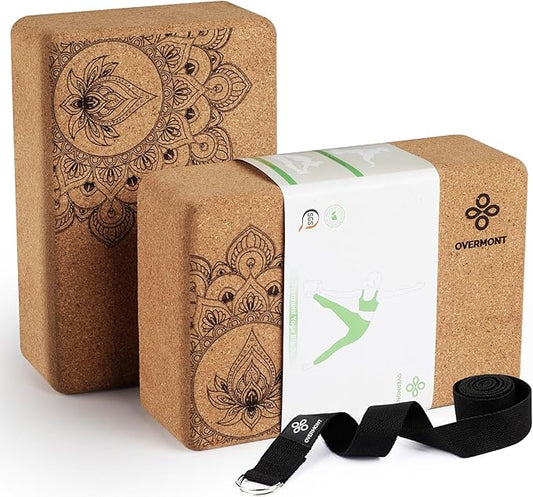Overmont Cork Yoga Blocks 2 pack with 8ft Strap Natural Cork Bricks- High Density & Eco Friendly Yoga Accessories for Women - Ideal for Yoga Pilates General Fitness and Stretching 9x6x3''