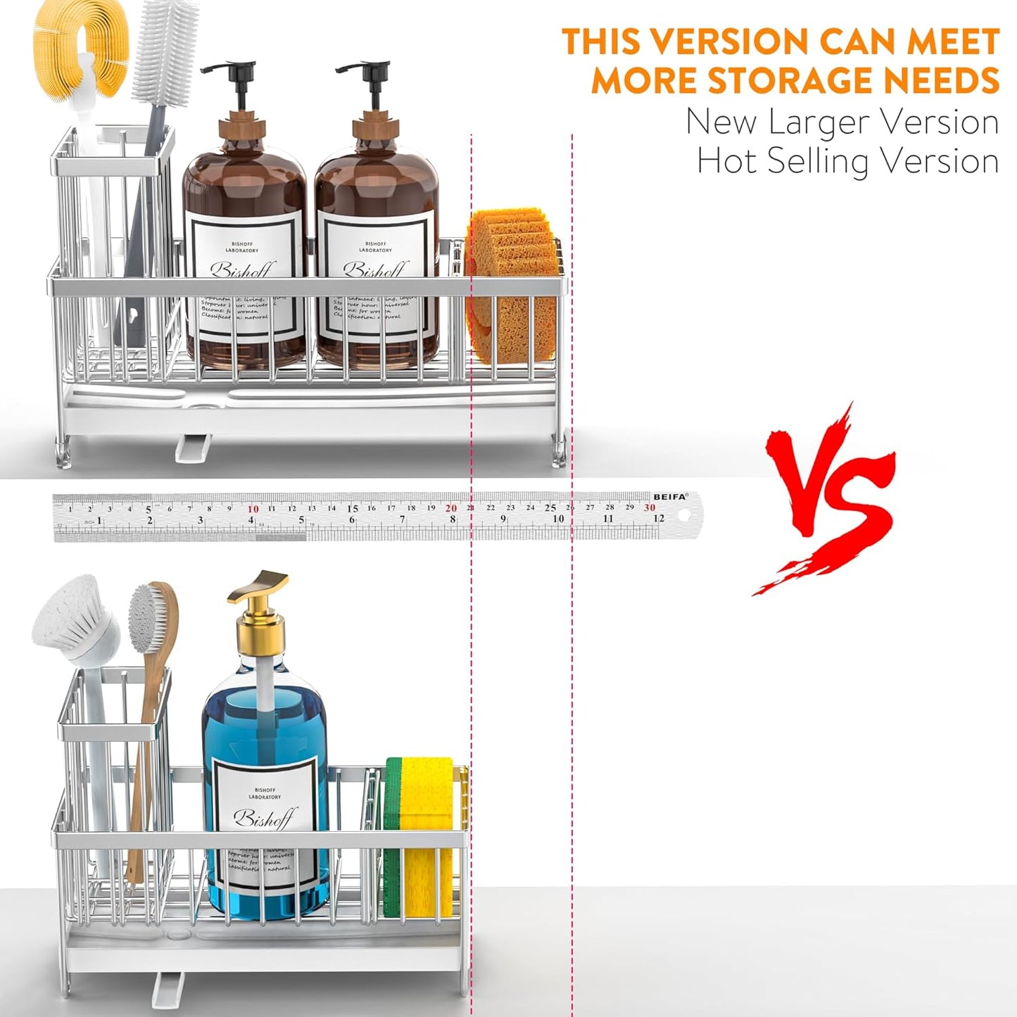 Cisily Extra Large Silver Sponge Holder for Kitchen Sink, Sink Caddy Organizer with High Brush Holder, Kitchen Countertop Organizers and Storage Essentials, Rustproof 304 Stainless Steel