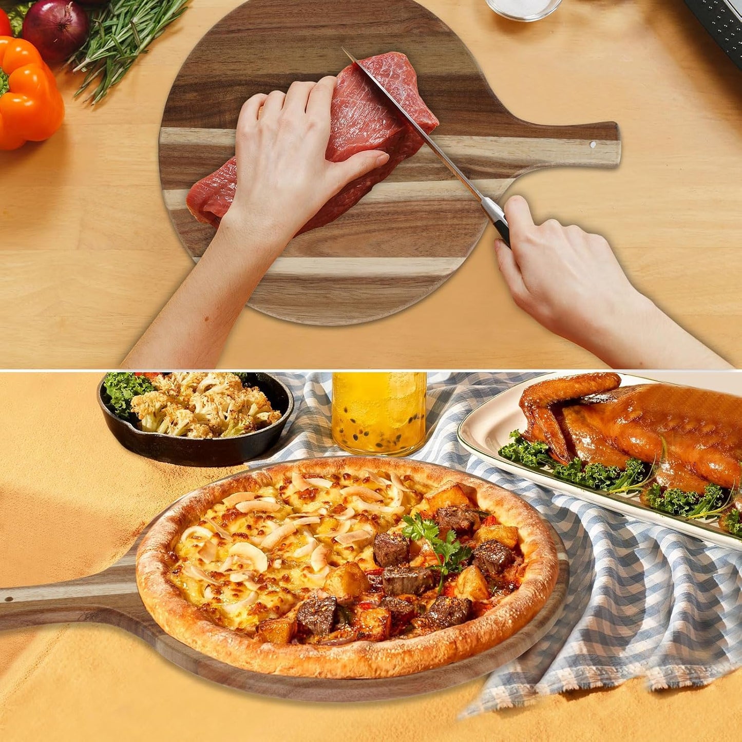 Acacia Wood Round Cutting Board with Handle, Pizza Cutting Boards for Kitchen, Small Wooden Chopping Board, Charcuterie Serving Boards for Cheese, Meat, Vegetables, Bread, 15.7" x 11.8"