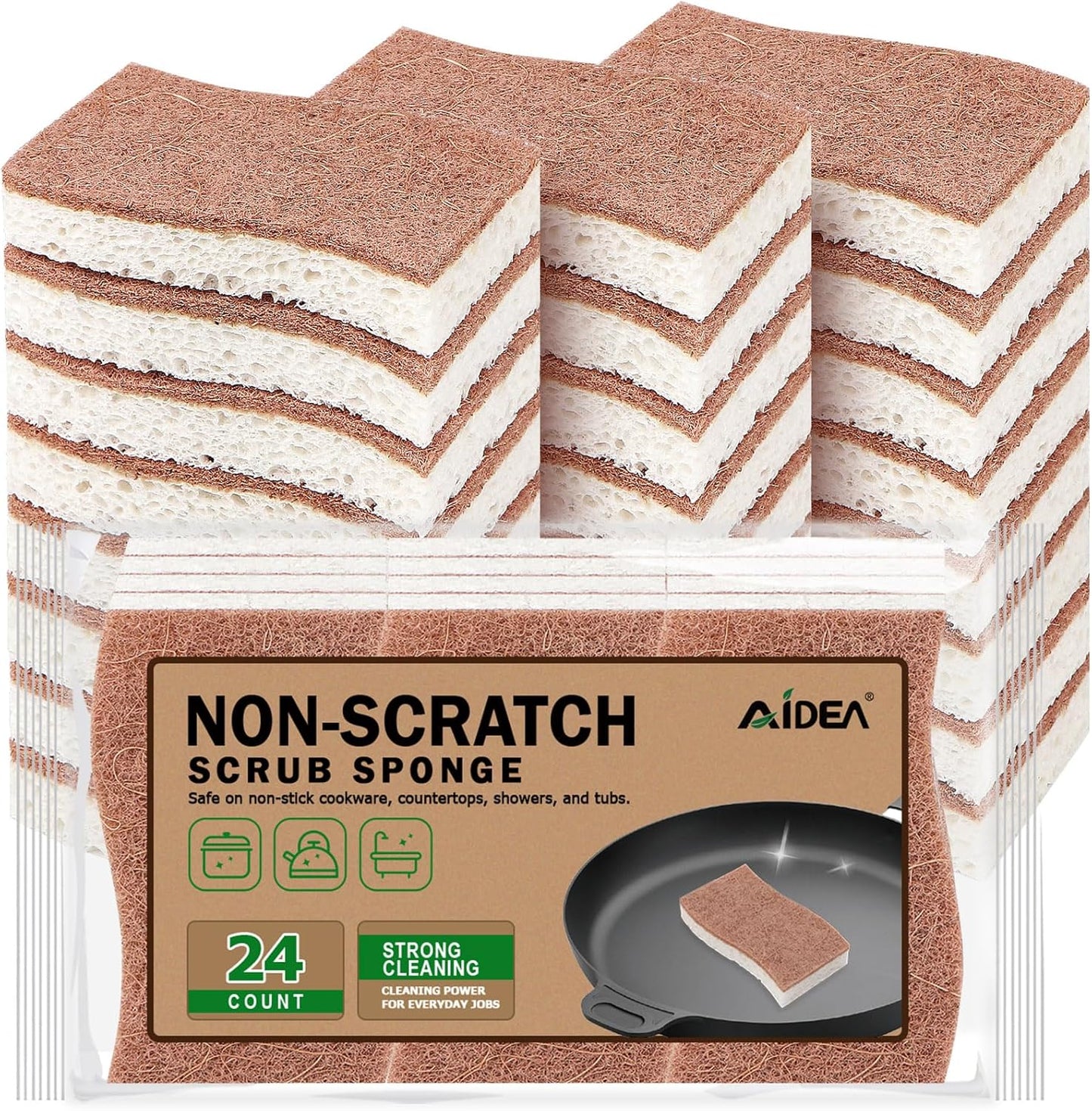 AIDEA Sponges Non Scratch, 24Count, Natural Sponge for Non Stick Cookware, Sponges Kitchen, Cellulose Scrub Sponge for Dishes, Cleaning Power for Kitchen, Bathroom, Household