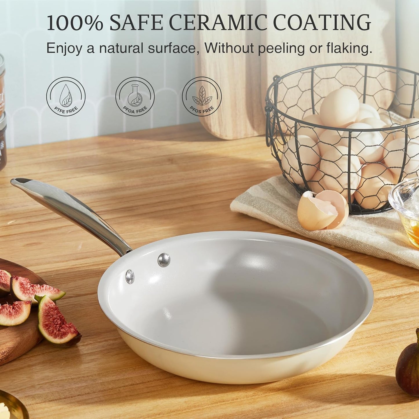 KITEXPERT Non Stick Frying Pans Set, Titanium Ceramic Pan Skillet Set Non Toxic, 8" 9.5" 11" Nonstick Frying Pan, Stainless Steel Handle, Dishwasher & Oven Safe, PFAS & PTFE & PFOA Free, Cream