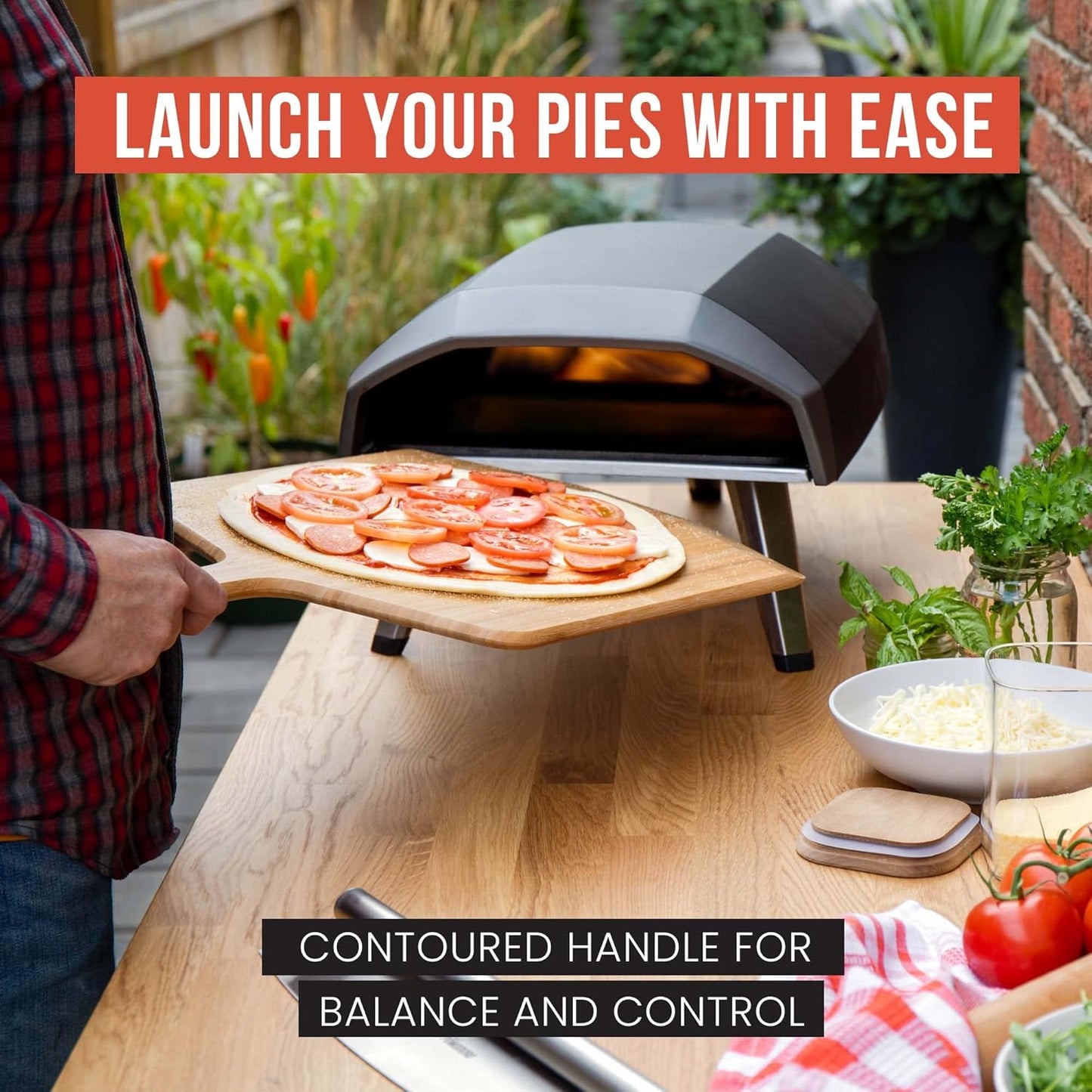 Chef Pomodoro Wooden Pizza Peel 14 inch, Homemade Wood Pizza Paddle, Board with with Handle, Indoor and Outdoor Oven Accessories, Spatula Gourmet Prep Shovel for Launching and Serving Pies and Bread