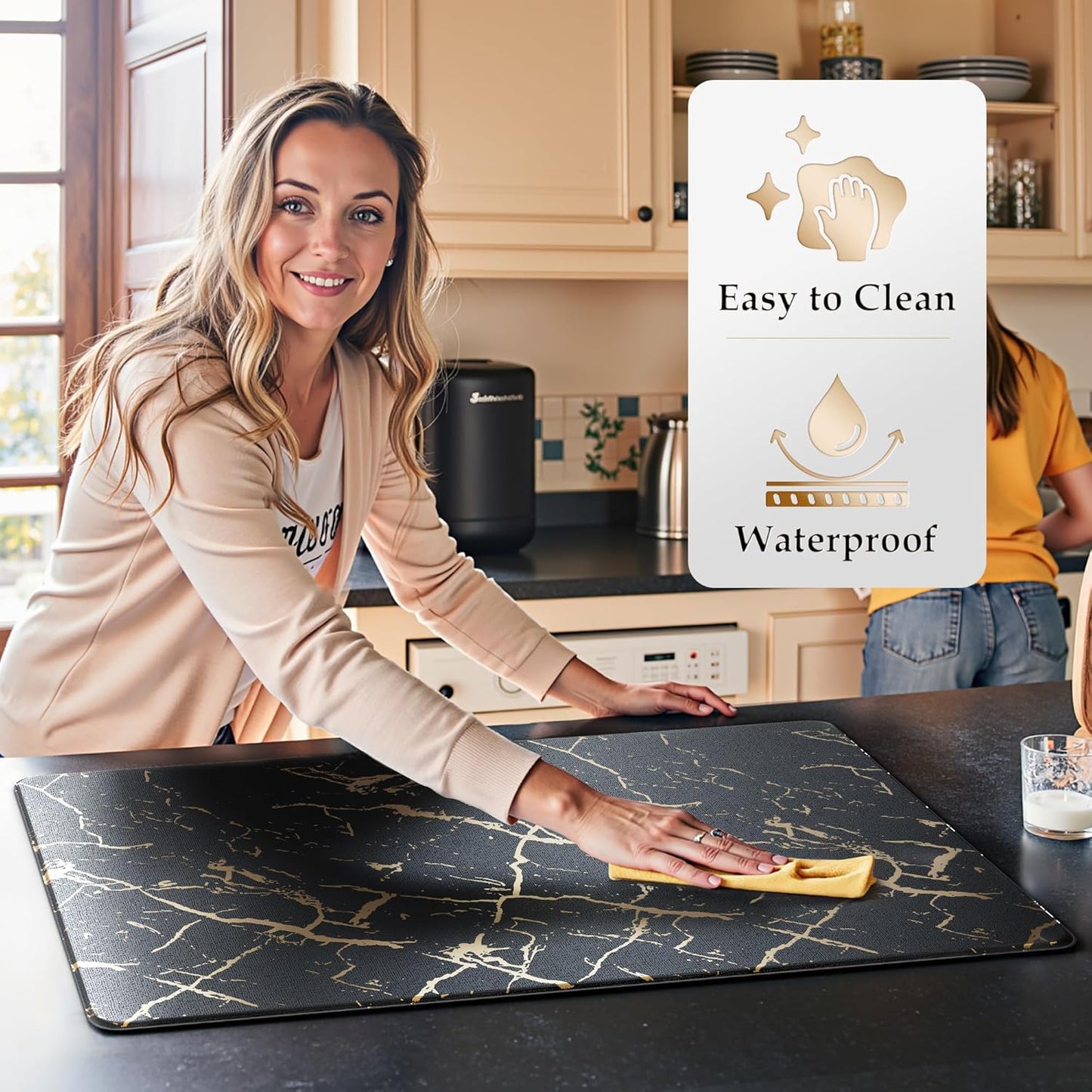 Gold Foil Stamped Marble Kitchen Mats for Floor 2PCS Cushioned Anti Fatigue Non Slip Waterproof Comfort Leather Kitchen Rugs 2/5 Inch PVC Kitchen Mats for Sink, Laundry, 17.3"x28"+17.3"x59", Black