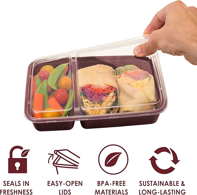 Bentgo 20-Piece Lightweight, Durable, Reusable BPA-Free 2-Compartment Containers - Microwave, Freezer, Dishwasher Safe - Burgundy