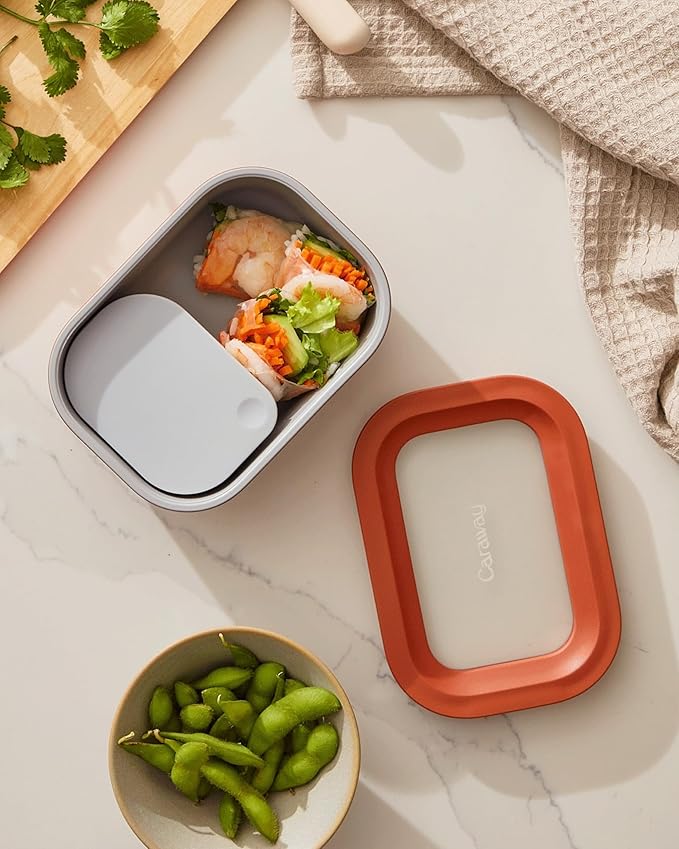 Caraway 2pc Glass Food Storage Set - 2.6 Cup Food Containers (2) - Non-Toxic Ceramic-Coated Glass - Air Release Technology - Compact & Stackable Design - Perracotta