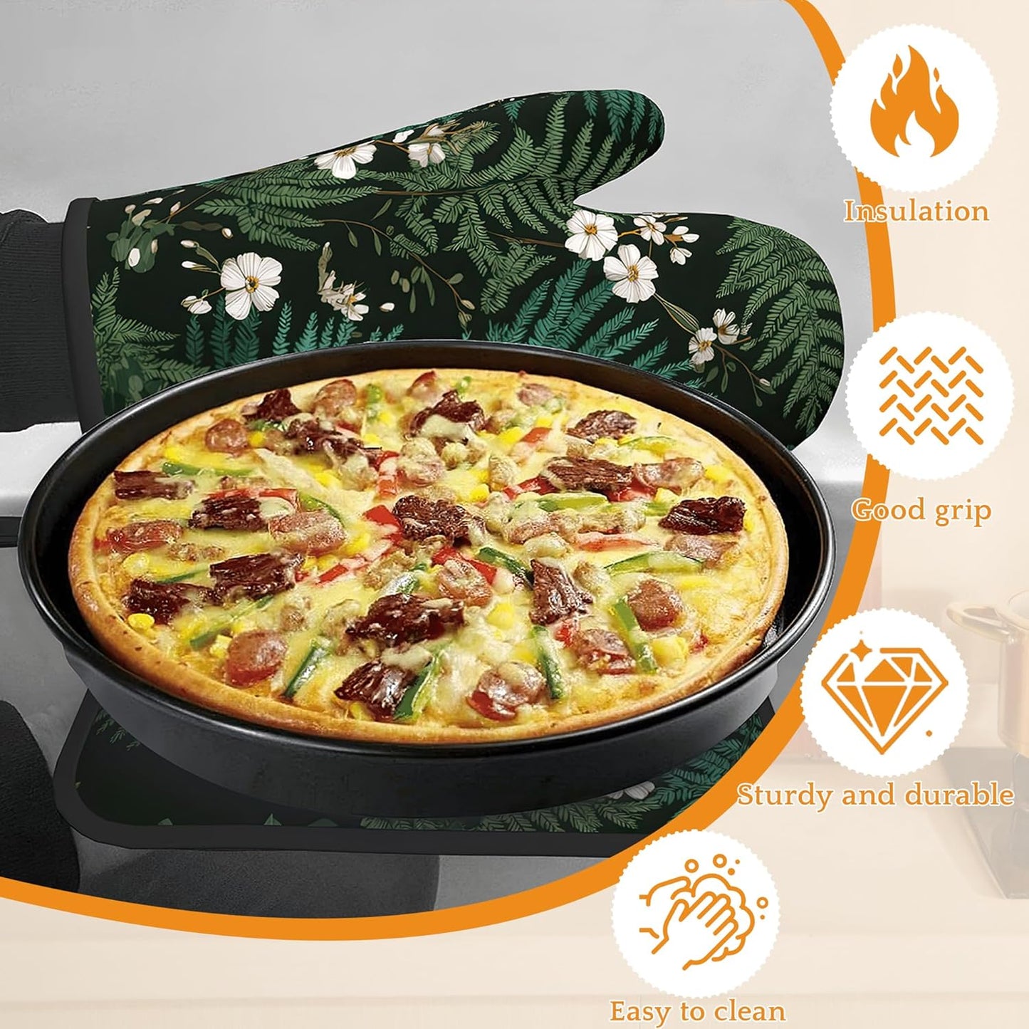 Herbal Fern Flowers Oven Mitts and Pot Holders Set,Kitchen Decor Heat Resistant Non Slip Hot Pads and Oven Mitt for Chef Cooking Baking BBQ Mom Girl Gifts(4 Piece Set)