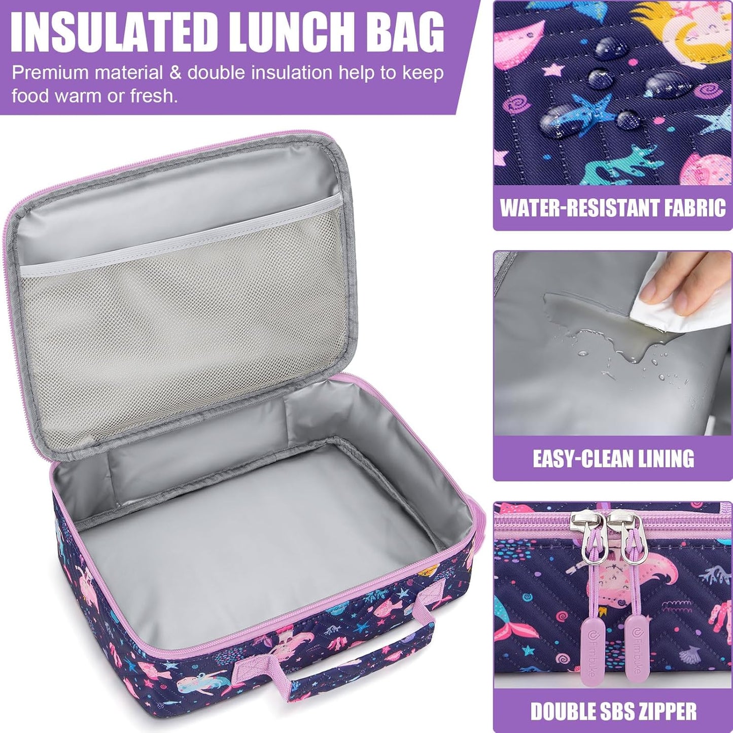 Fimibuke Kids Bento Lunch Box with 4 Compartments, Insulated lunch Bag, Stainless Steel Insulated Water Bottle, Ice Pack & Utensils Set, Birthday Gifts for Ages 3-12 Back to School Toddler Girls Boys