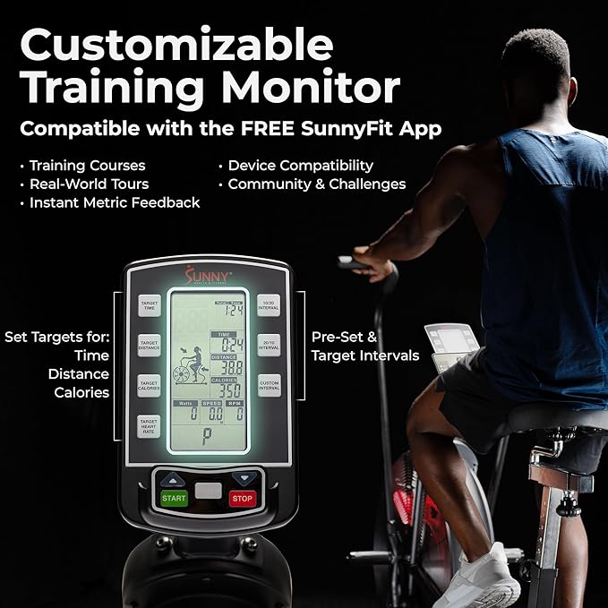 Sunny Health & Fitness Premium Smart Cross-Training Fan Bike, Air Resistance Cardio Machine w/330lb Capacity for Intensive Home Workout, Customizable Monitor w/Free SunnyFit App Connection-SF-B223018