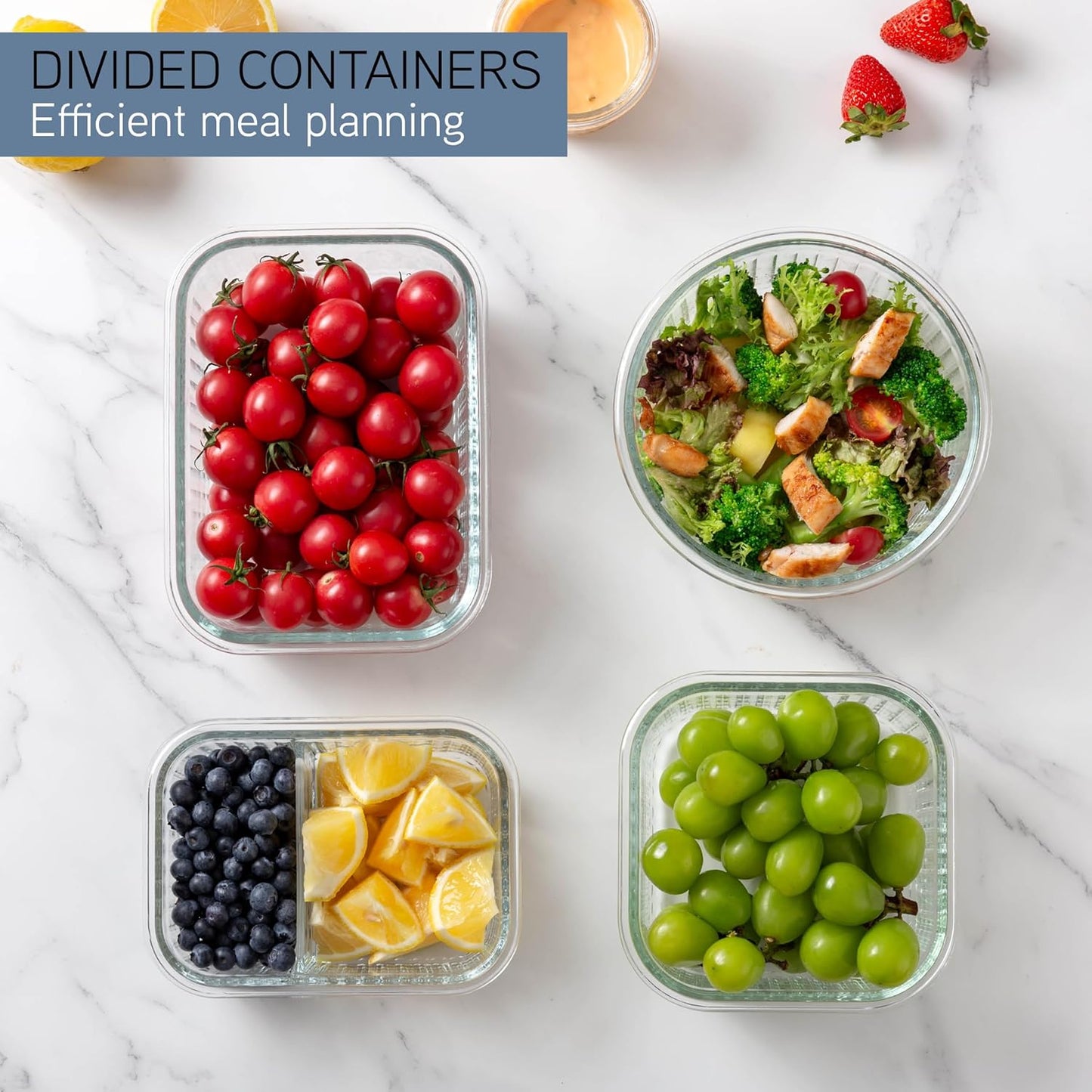 COOK WITH COLOR Premium 32-Pc. Borosilicate Glass Food Container Set with Dividers - 4 Rectangles, 8 Rounds, 4 Squares - Leakproof Lids - Meal Prep, Storage, Fluted Ombre Blue