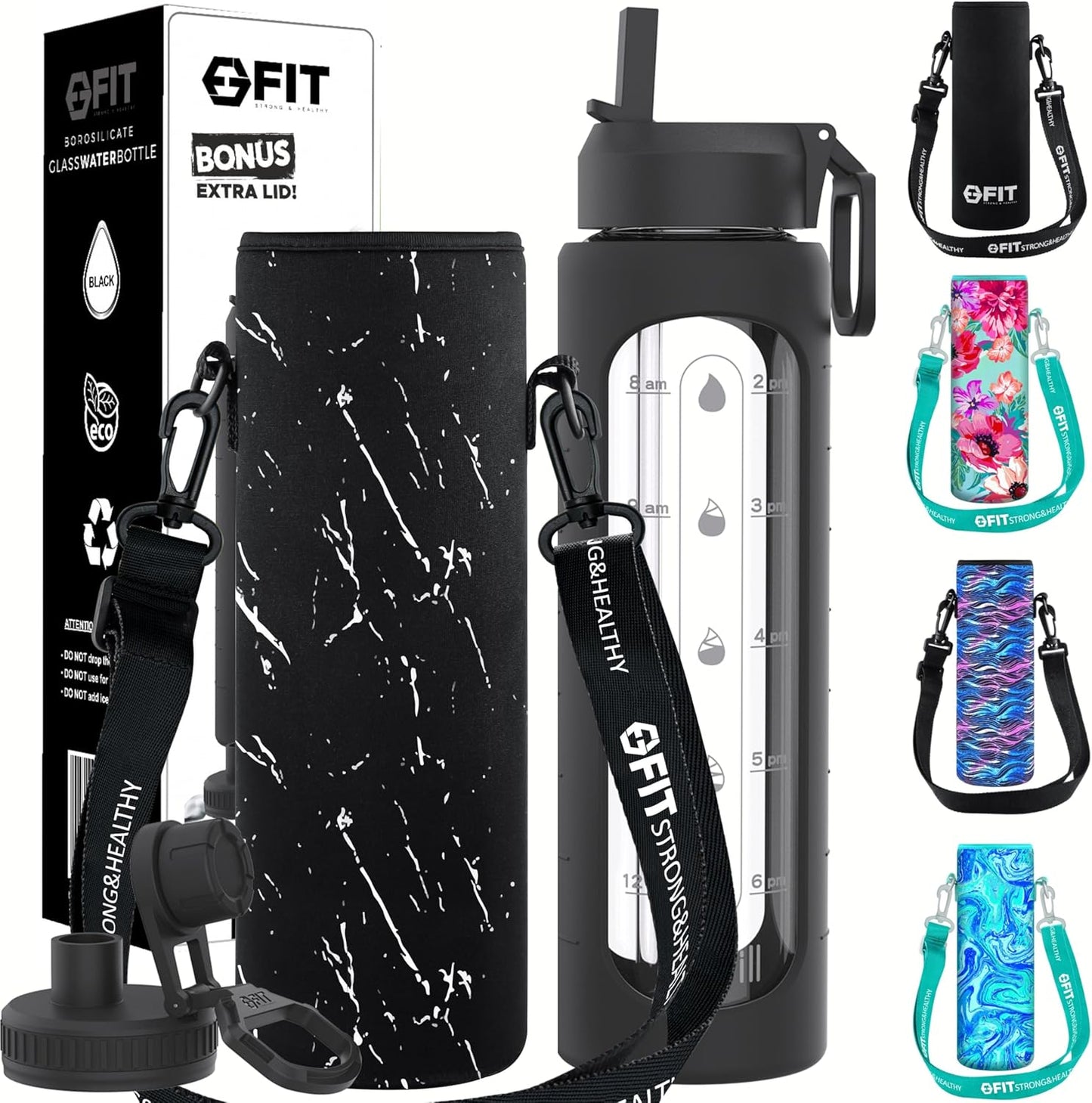 FIT Strong & Healthy 32 oz Glass Water Bottle with Straw Lid, Time Marker, Sleeve & Extra Lid - Motivational, Wide Mouth 1 Liter Glass Drinking Bottle