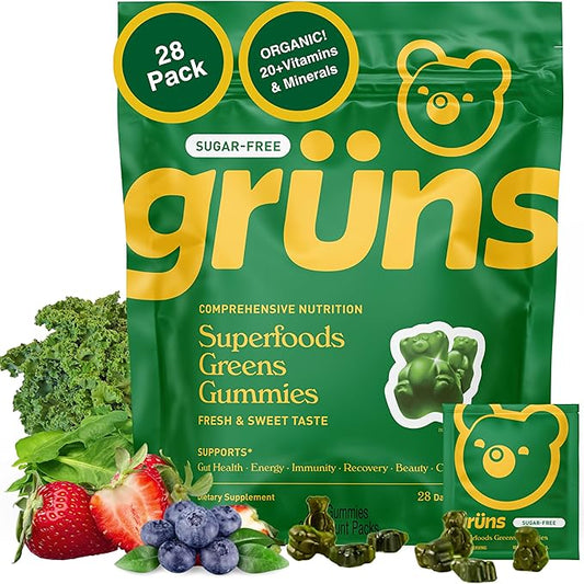 Gruns Adult Sugar-Free Super Greens Gummies, Superfood Gummy Bears with Spirulina, Chlorella, Fiber & Prebiotics for Digestive Health, Adaptogens Supplement with 20 Vitamins & Minerals, 28 Packets