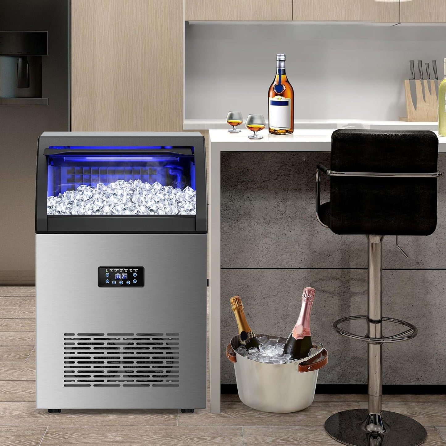 Commercial Ice Maker Machine, 150lbs/24H with 45Lbs Storage Bin, 55Pcs Ice Cubes 8Mins, Tap Add Water Freestanding Ice Maker Commercial for Home Bar Office