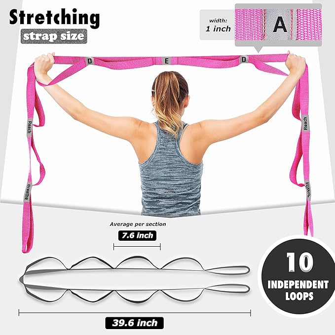 Stretching Strap Yoga Strap with 10 Loops, Non-Elastic Stretch Band for Physical Therapy, Flexibility, Exercise, Pilates, Dance & Gymnastics Workout