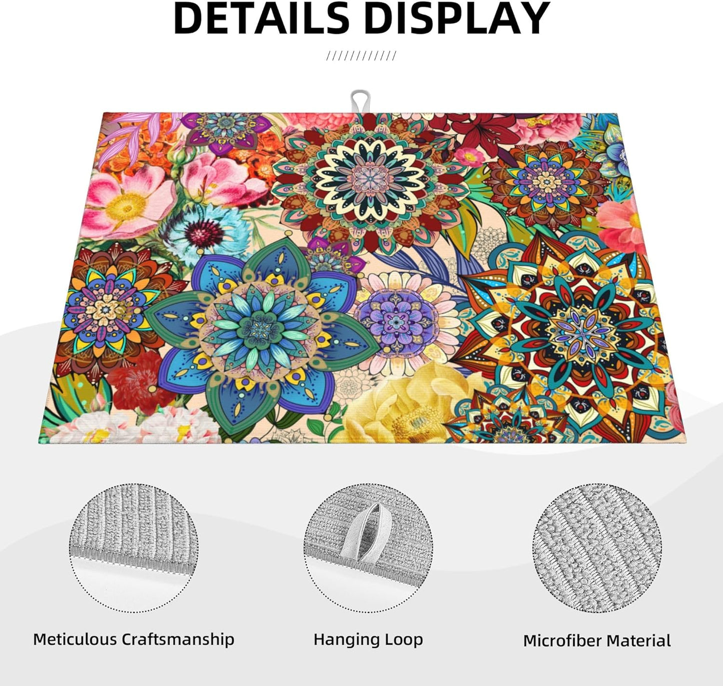 Colorful Flowers Dish Drying Mat for Kitchen Counter Absorbent Reversible Boho Floral Drying Pad Kitchen Decor Dish Drainer Rack Mats 18"x24"