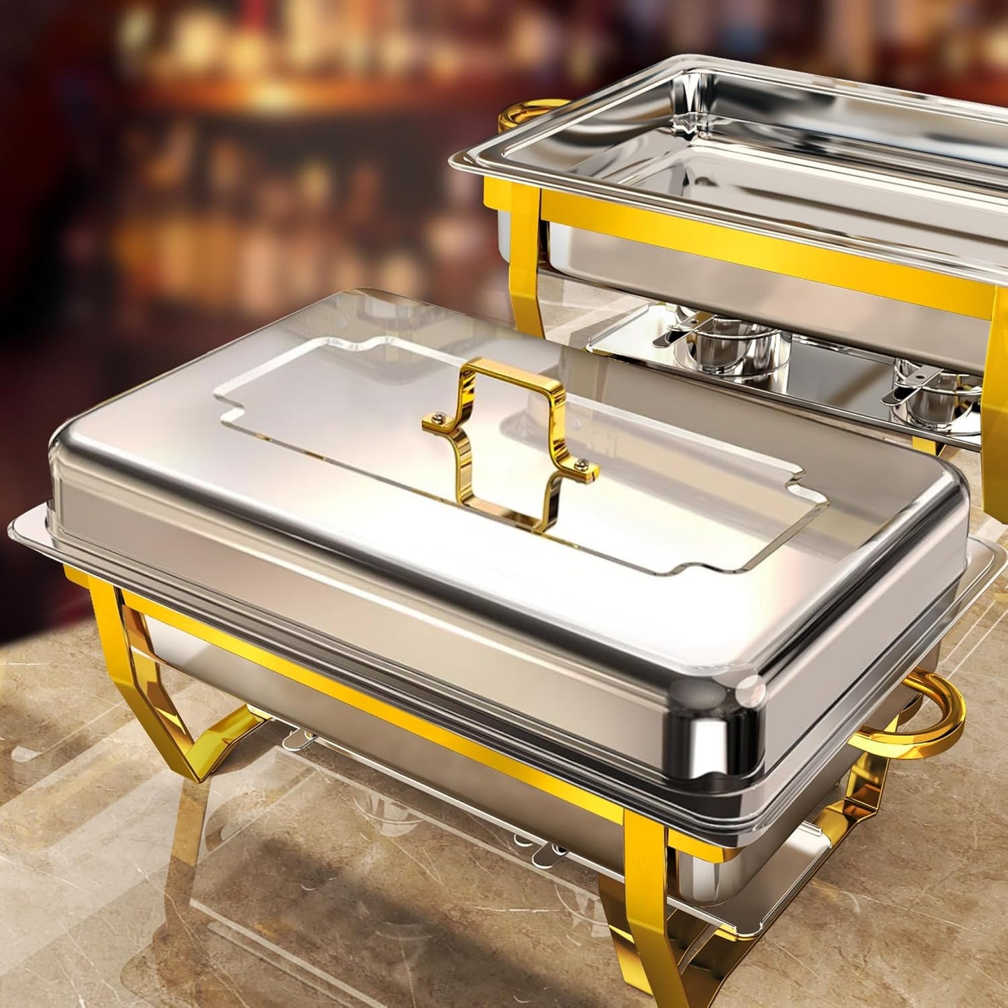 Chafing Dishes for Buffet 2 Pack, [Elegant Gold and Silver] Stainless Steel Chafing Dish Buffet Set, 9QT No-Finger Cut Roll Edge Chafers and Buffet Warmers Sets for Party (Gold Full Panx2)