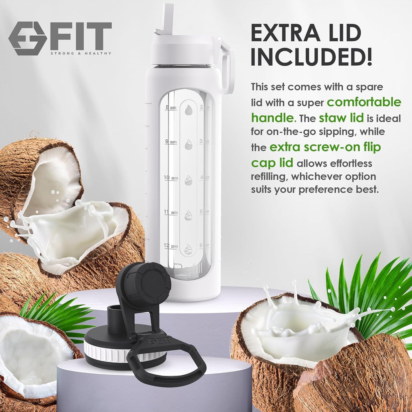 FIT Strong & Healthy 32 oz Glass Water Bottle with Straw Lid, Time Marker, Sleeve & Extra Lid - Motivational, Wide Mouth 1 Liter Glass Drinking Bottle