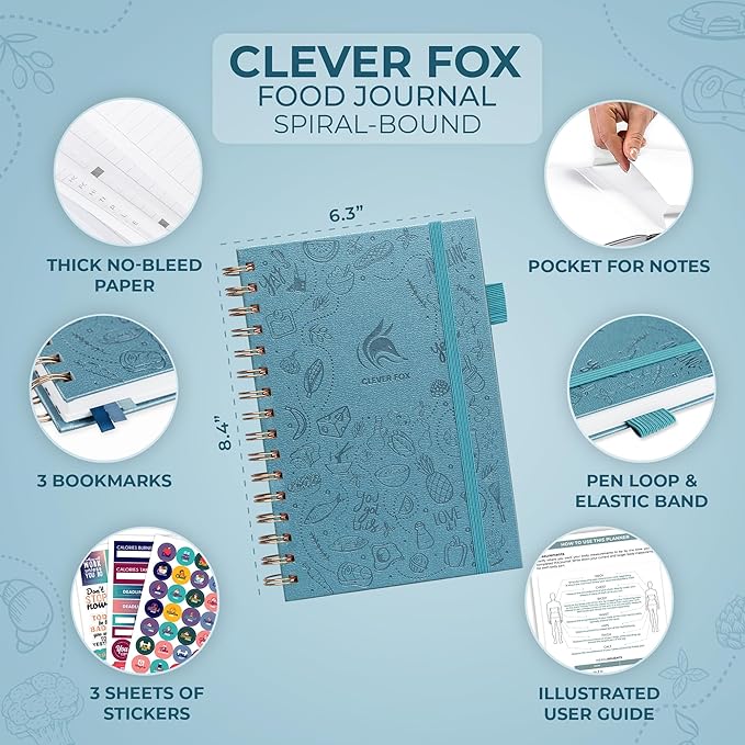 Clever Fox Food Journal Spiral - Daily Food Diary, Meal Prep Planner to Track Calories & Nutrients, Weight Loss Tracker Notebook (Aquamarine)