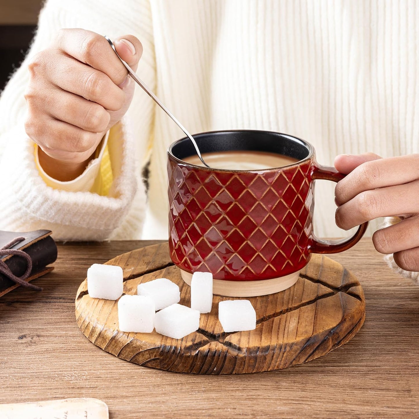 GBHOME 15OZ Stackable Coffee Mugs, Ceramic Coffee Cups with Texture Patterns for Man,Woman,Dad,Mom, Modern Coffee Mugs Set of 4 for Latte/Cappuccino/Cocoa. Dishwasher&Microwave Safe, Red
