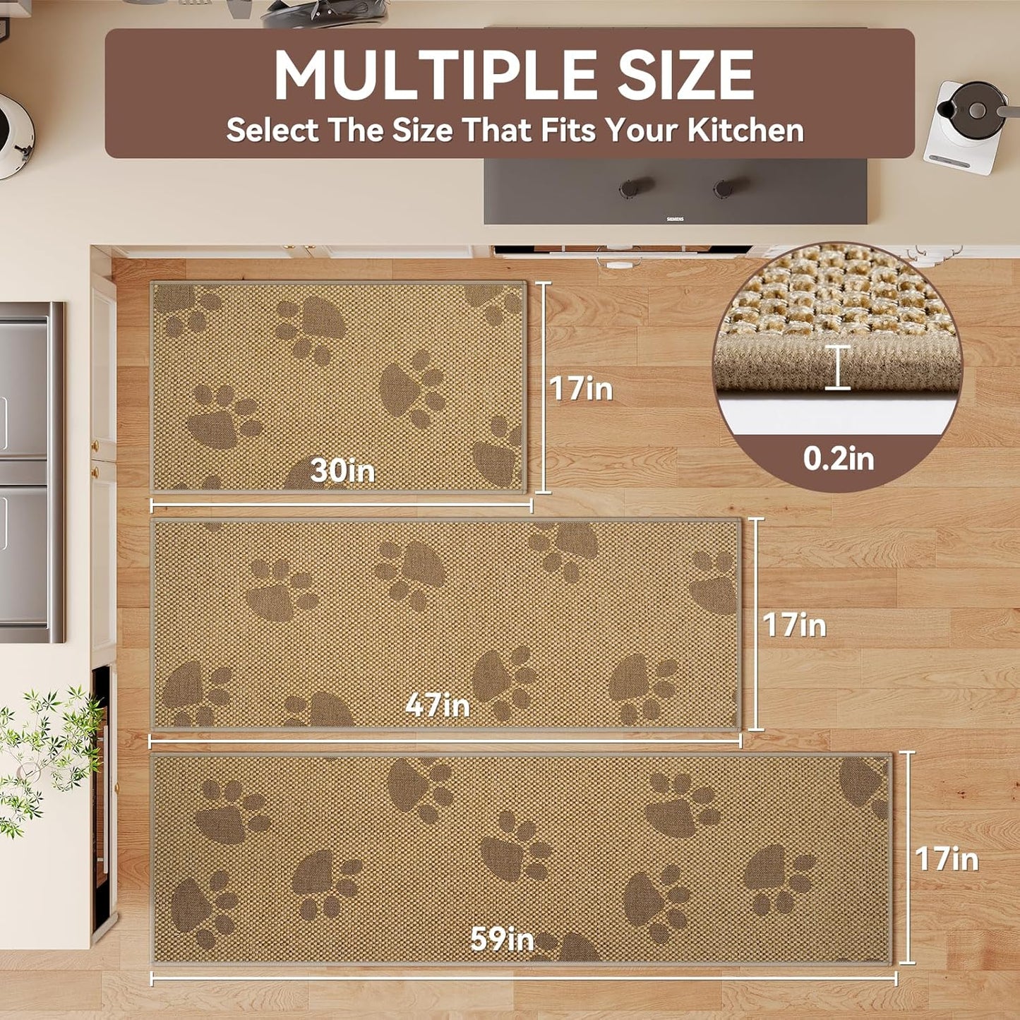 Non-Slip Kitchen Mats for Floor, Soft Woven Linen Embroidery Kitchen Runner Rug - Super Absorbent Washable Kitchen Sink Mat with Rubber Backing for Office & Home Brown 17x59