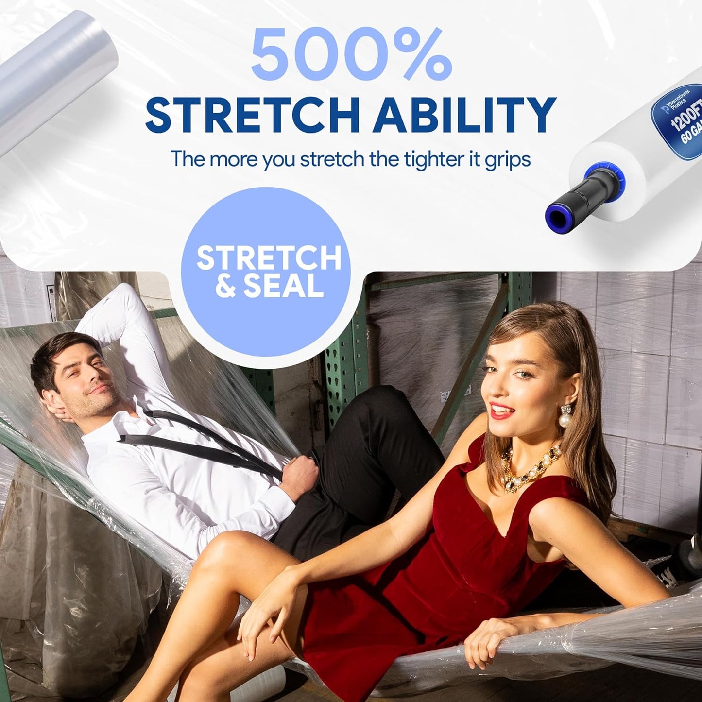 International Plastics Co. 15" Plastic Stretch Film Wrap with Extended Handles 1200ft Each 500% Stretch Clear Cling Durable Adhering Packing Moving Packaging Heavy Duty Shrink