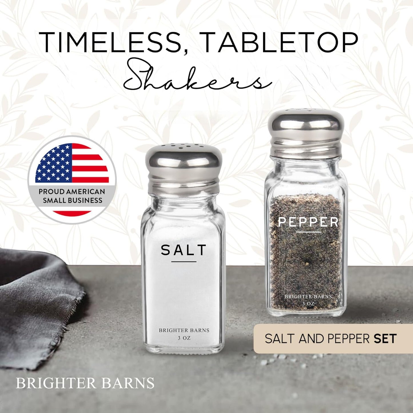 Glass Salt and Pepper Shakers Set by Brighter Barns - Modern Kitchen Decor, Dining Table Countertop Accessory - Rustic, Farmhouse, Vintage Glass Shakers with Stainless Steel Lids for Home, Restaurant