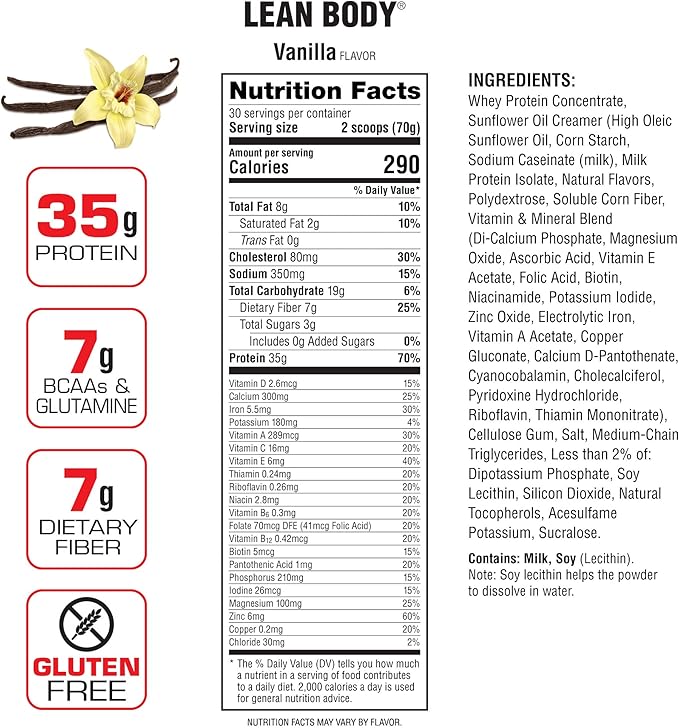 Lean Body All-in-One Vanilla Protein Shake. 35g Protein, Whey Blend, 7g Healthy Fats & Fiber, 22 Vitamins and Minerals, No Artificial Colors, Gluten Free, (4.6lb) Packaging May Vary