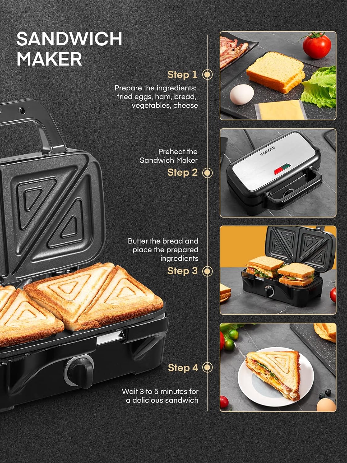 FOHERE Sandwich Maker 3 In 1 Waffle Maker With Removable Plates,Grilled Cheese Maker, 5-gear Temperature Control, Non-stick Coating Easy to Clean, Indicator Lights, Silver/Black