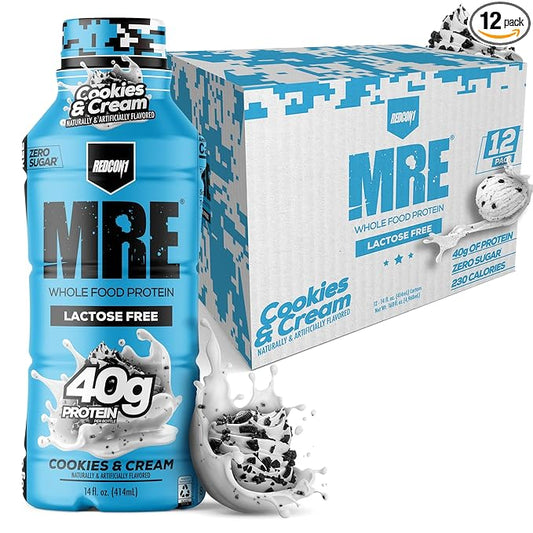REDCON1 MRE Ready to Drink Protein Shake, Cookies & Cream - Lactose + Whey Free RTD 40gr Protein Made with Real Whole Food Protein Blends - Keto-Friendly and Easy to Digest Nutritional Shake (12 Pack)