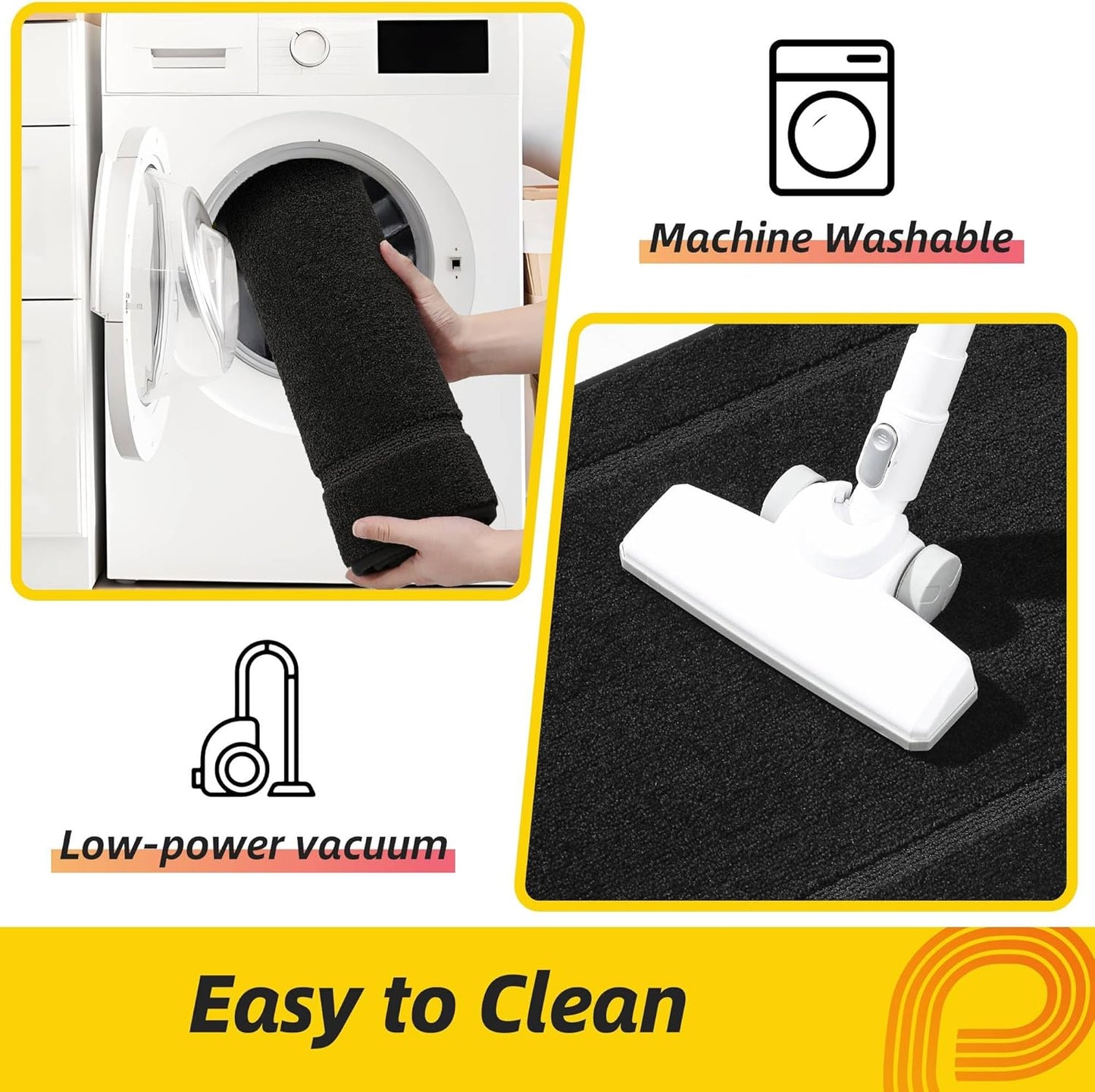 JSEI Non-Slip Kitchen Mats, Self Adhesive No Sliding Kitchen Rugs Set of 2, Washable Absorbent Floor Mat for Kitchen, Bathroom, Laundry Room, Bedroom, 24”x36”+24”x60”, Black, Rectangular Pattern