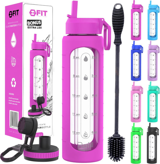 FIT Strong & Healthy 32 oz Glass Water Bottle with Straw Lid, Time Marker, Sleeve & Extra Lid - Motivational, Wide Mouth 1 Liter Glass Drinking Bottle