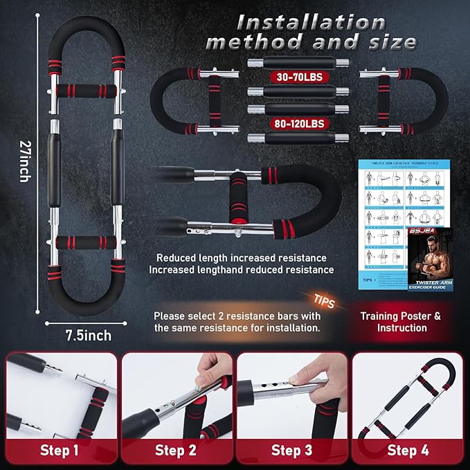 BEJEA Twister Arm Trainer,30-120lb Adjustable,Chest Trainer for Men & Women with 4 Springs & Train Poster,Arm Trainer for Chest Clip Muscle & Arm Strength