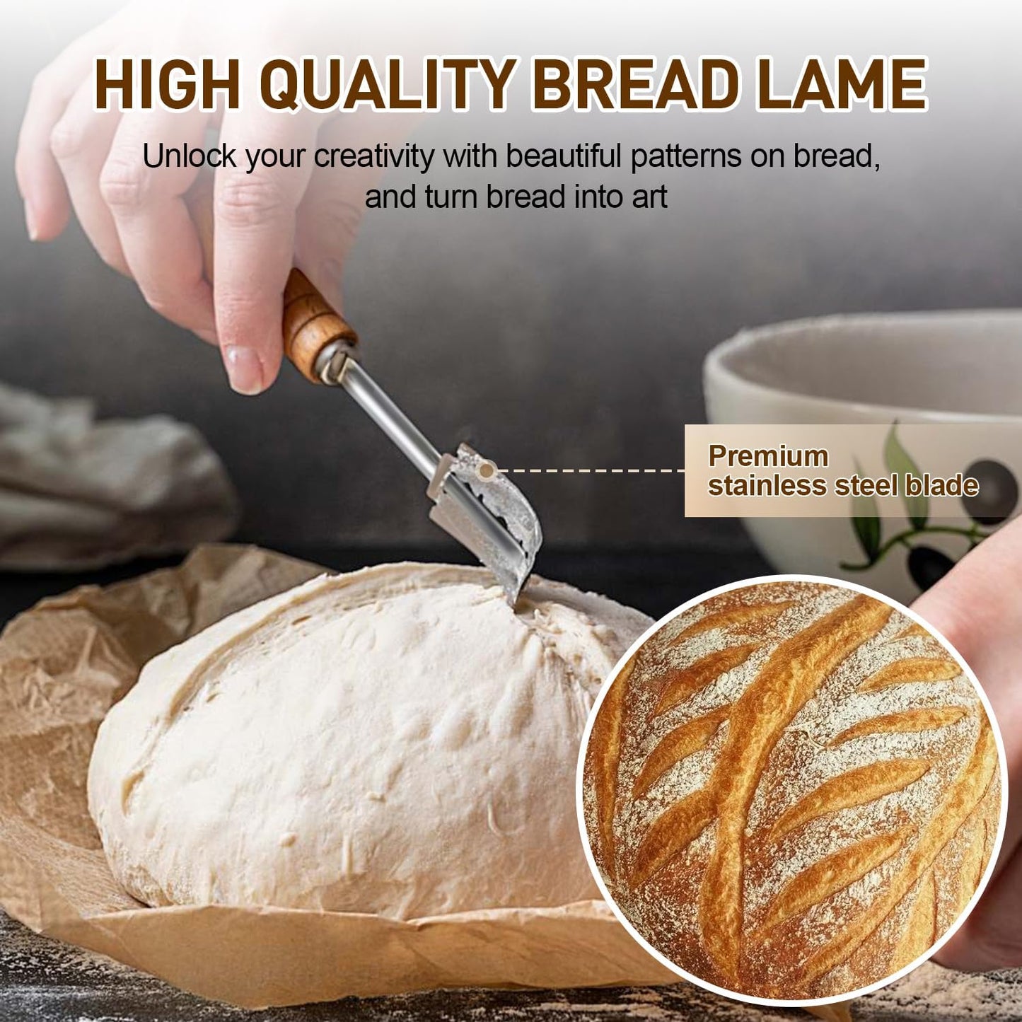 Banneton Bread Proofing Basket, Sourdough Starter Kit, 9" Round Sourdough Bread Baking Supplies with Dough Whisk, Bread Lame, Brush, Scrapers, Flour Duster & Stencils, Bread Making Tools Gift Set