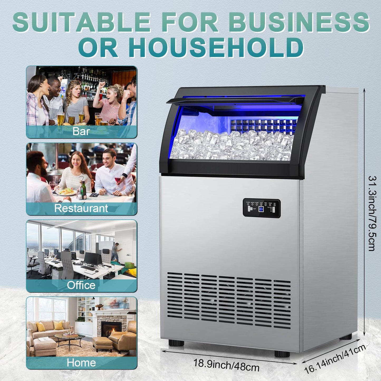 Commercial Ice Maker Machine 260Lbs/24H, 72pcs Ice Cubes Under Counter Ice Machine with Water Line and Filter, Freestanding Ice Maker Machine with 55Lbs Storage ice Bin for Home/Shop/Office/Bar