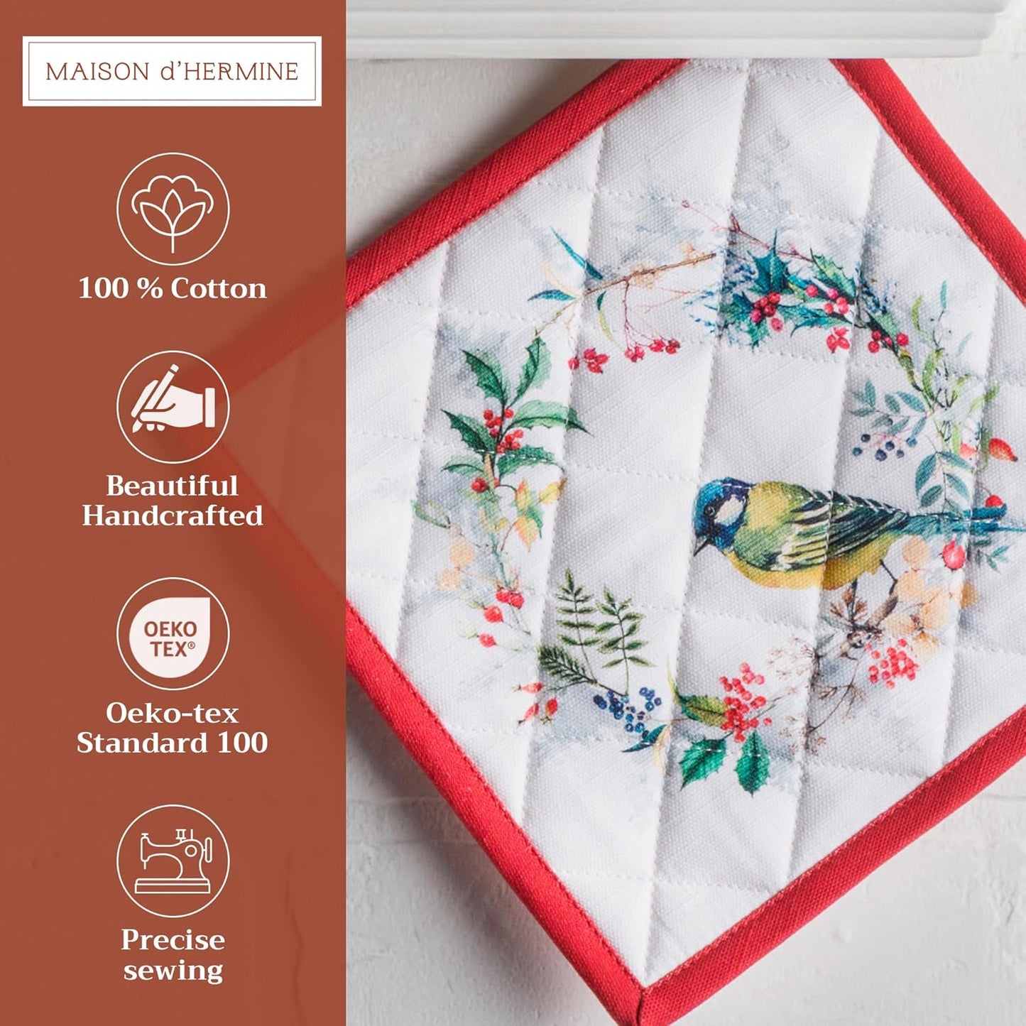 Maison d' Hermine Pot Holders 100% Cotton Heat Resistant Potholders 8" x 8" Hot Pads with Loop BBQ, Cooking, Baking, Grilling, Kitchen, Handling Hot Pans (Pack of 1, Morzine)