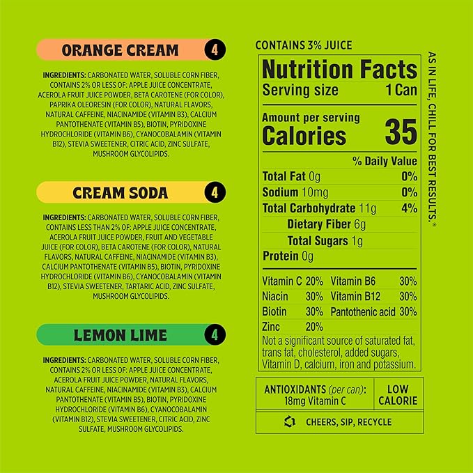 Popwell Caffeinated Variety Pack Better-For-You Prebiotic Soda, with 6g Fiber, 1g Sugar, Vitamins and Immunity Support, 12 fl oz, 12 count (Orange Cream, Lemon Lime, Cream Soda)