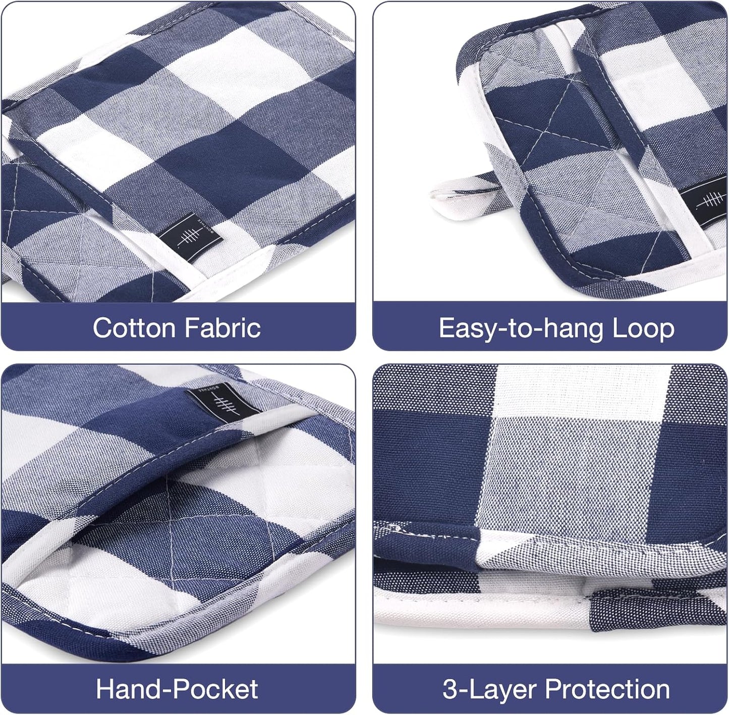 Cotton Pot Holders for Kitchen Heat Resistant Potholder, Hot Pads, Trivet Coaster Non-Slip Potholders Set for Cooking and Baking (2, Blue Plaid, Rectangle, 10 x 7 in)