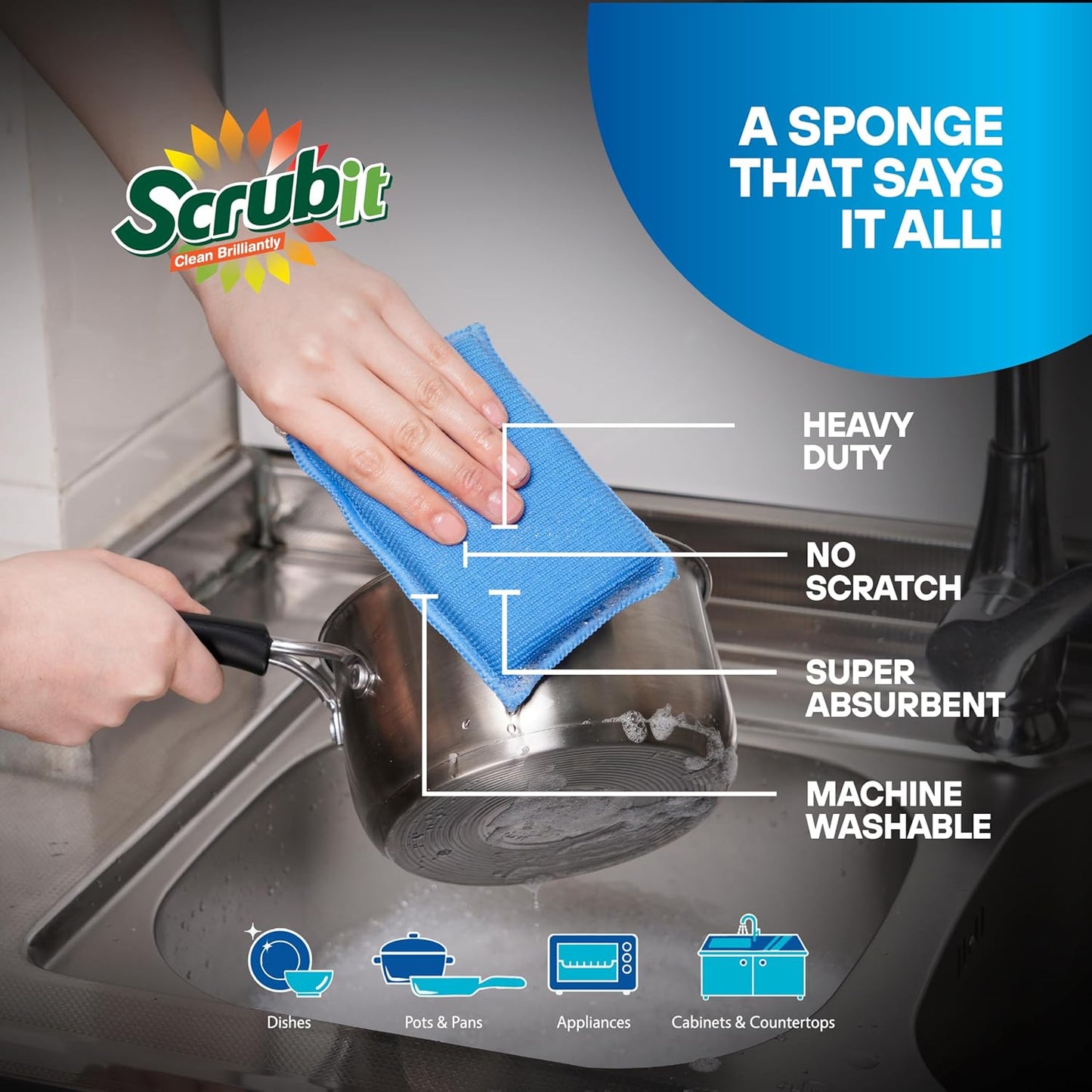 SCRUBIT Reusable Sponges for Dishes - 12 Pack Microfiber Sponges Kitchen Dish Scrubber, Machine Washable & Non-Scratch Scrubbers (Blue)