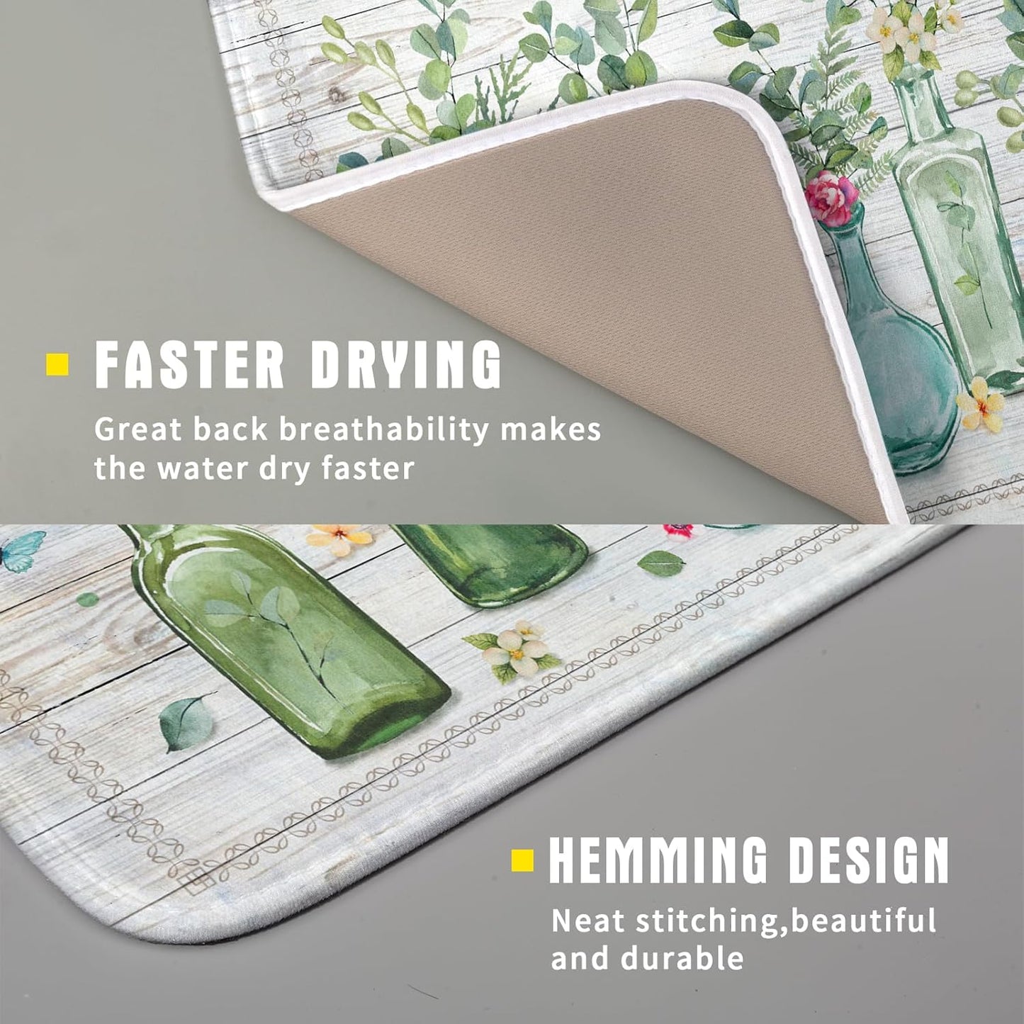 Fern Leaf Vase Dish Drying Mat 16x18 Inch Eucalyptus Leaves Microfiber Absorbent Dish Drainer Mat Reversible Drying Pad for Kitchen Counter Sink