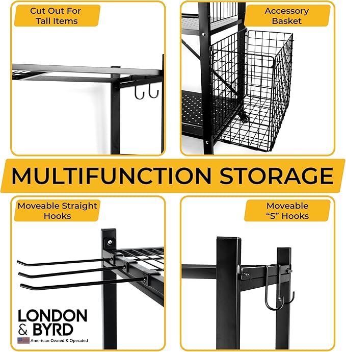 London & Byrd - No Assembly - Home Gym Storage Rack. Steel Construction, Heavy Duty Wheels, with Basket and Hooks. Great for Home Gym Equipment, Yoga mats, Kettlebells, and Small Dumbbell Storage.