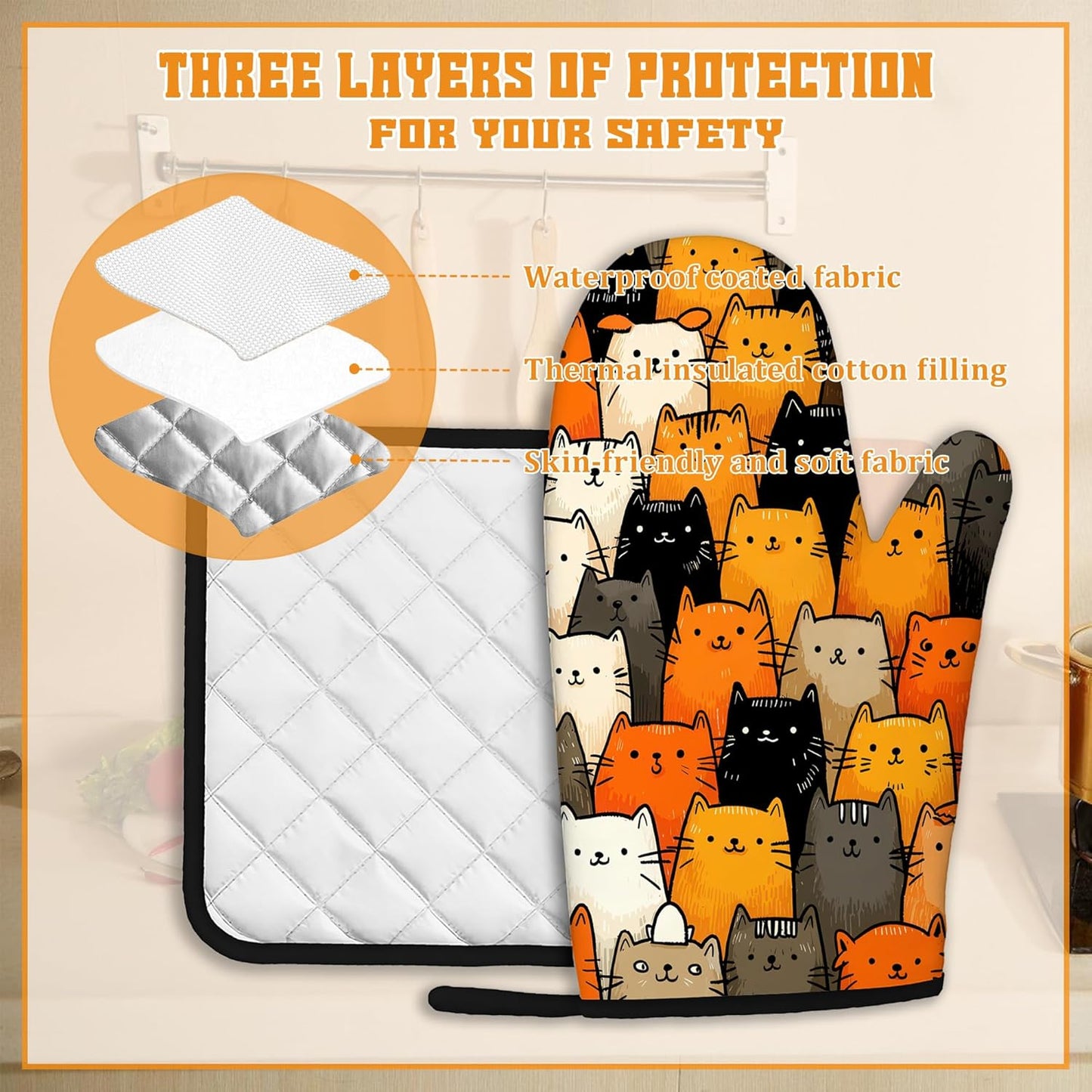 Funny Cute Cat Oven Mitts and Pot Holders Set,Kitchen Decor Heat Resistant Non Slip Hot Pads and Oven Mitt for Chef Cooking Baking BBQ Mom Girl Gifts(4 Piece Set)