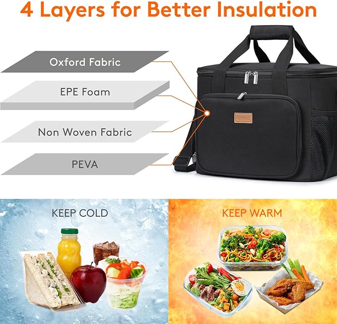 Lifewit Large Lunch Bag Insulated Lunch Box Soft Cooler Cooling Tote for Adult Men Women, Black 40-Can (24L)