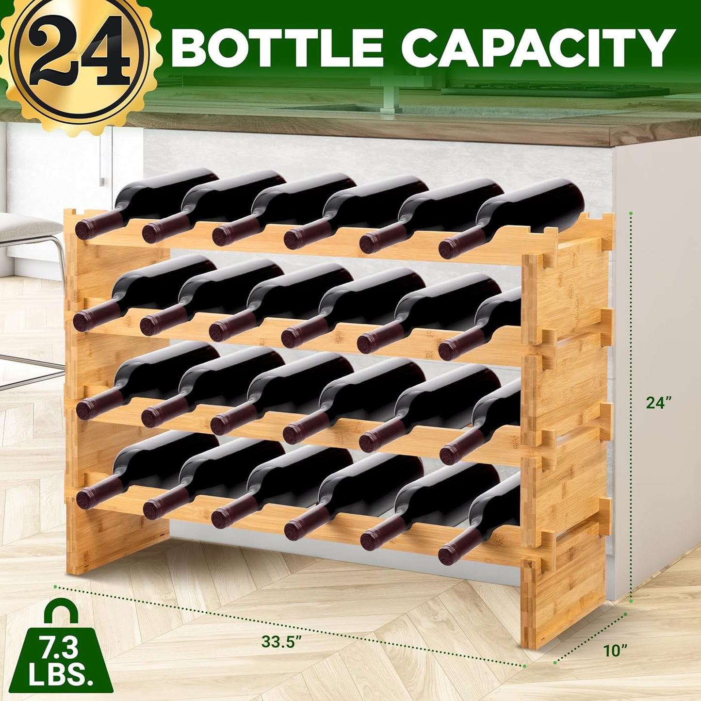 4 - Tier 24 Bottle Bamboo Stackable Wine Rack - Wobble-Free Modular Liquor Display Shelves, Compatible for Magnum Size Bottles | Can Hold up to 220.5 lbs (Natural)