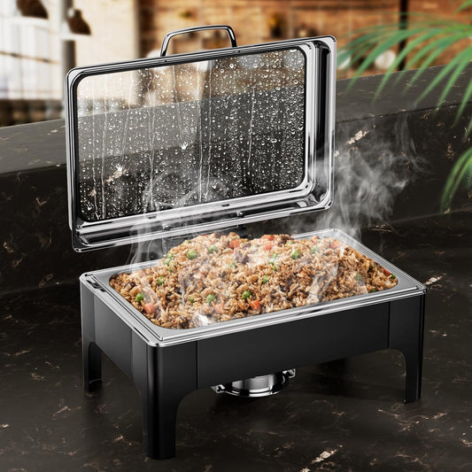 Chafing Dishes for Buffet, 9.5QT Square Stainless Steel Chafing Dish with Transparent Hydraulic Lid, 304 Food Pan, Buffet Warmer for Parties and Events (Black)