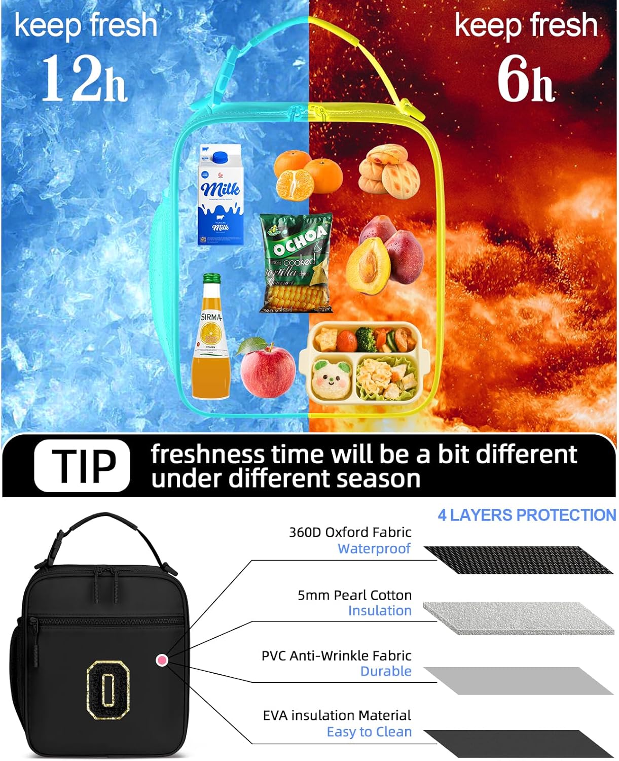 Initial Insulated Lunch Bag for Boys Kids, Back to School Gift, Reusable Leak-proof Lunch Box with Adjustable Strap for School Daycare Travel Picnic（Black，O）