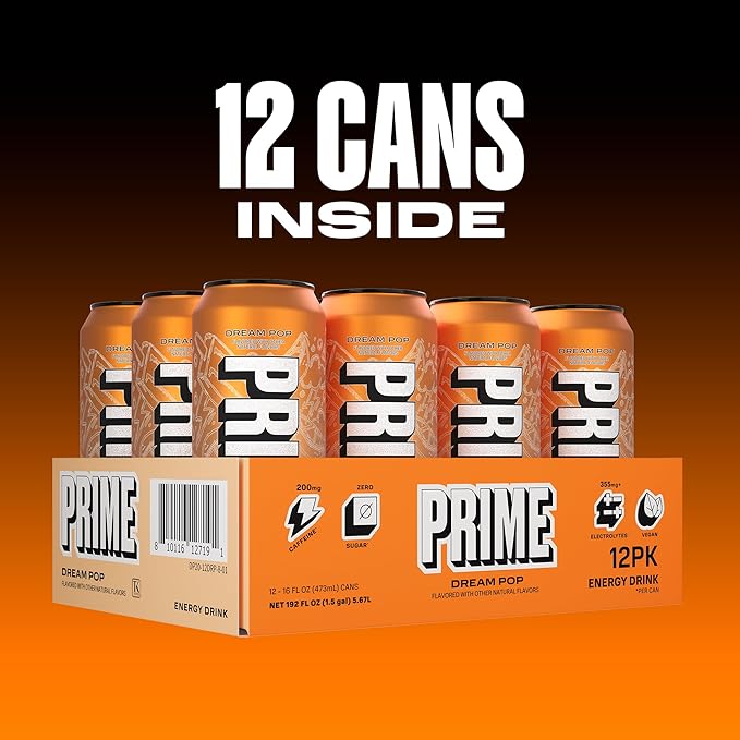PRIME Energy DREAMPOP, Zero Sugar Energy Drink, 200mg Caffeine and 300mg of Electrolytes for Hydration, for Hydration, Vegan, Gluten Free,16 Fluid Ounce, 12 Pack