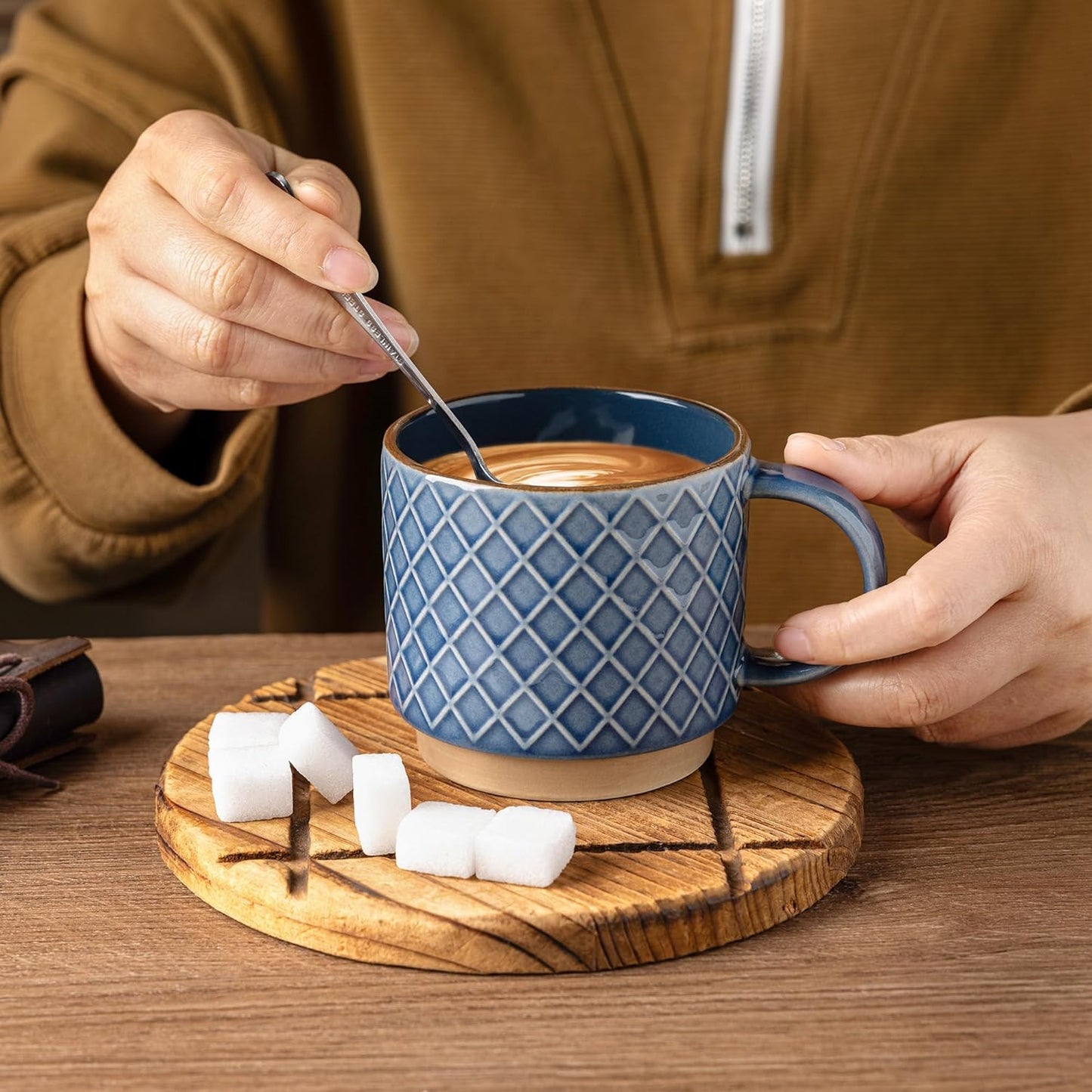 GBHOME 15OZ Stackable Coffee Mugs, Ceramic Coffee Cups with Texture Patterns for Man,Woman,Dad,Mom, Modern Coffee Mugs Set of 4 for Latte/Cappuccino/Cocoa. Dishwasher&Microwave Safe, Blue