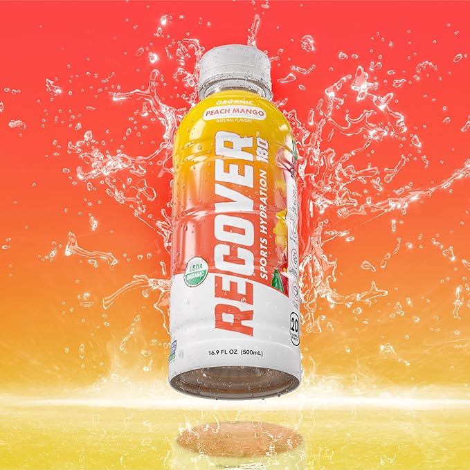 RECOVER 180 Organic Sports Hydration Drink, No Sugar Added, 20 Calorie Sports Beverage, Organic Flavors With Vitamins, Potassium-Packed Electrolytes (16.9 Fl Oz (Pack of 12), Peach Mango)